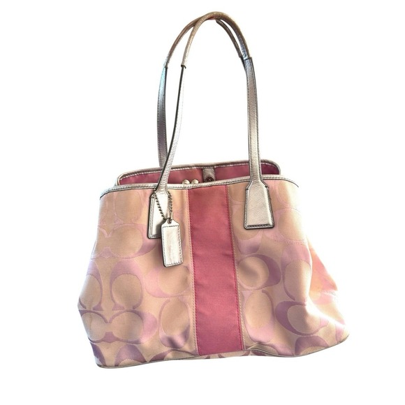Coach F13328 Pink Signature Canvas Tote w/ Silver Trim & Kiss Lock Compartment - Picture 1 of 9